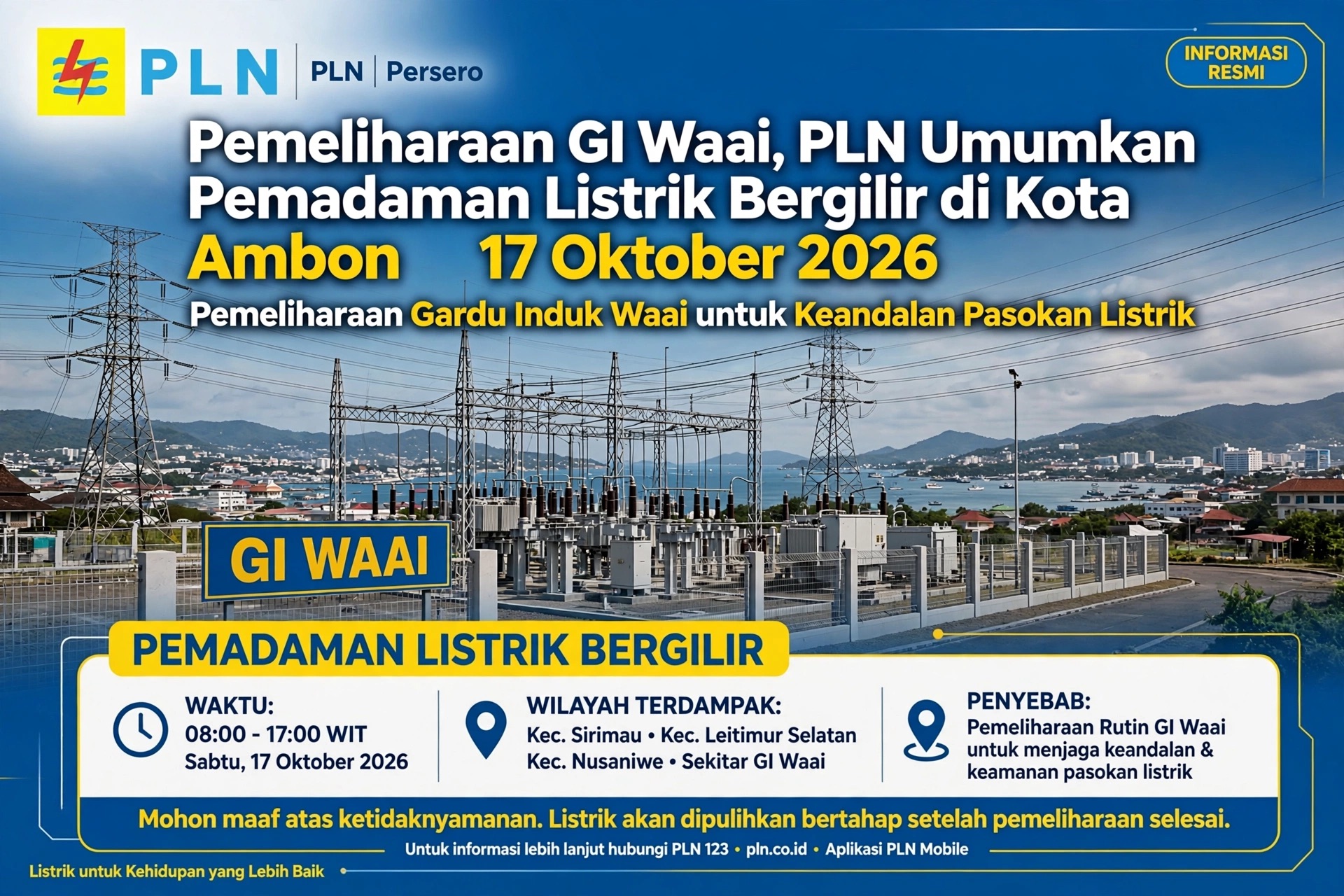 Pemeliharaan GI Waai, PLN Umumkan Pemadaman Listrik Bergilir di Kota Ambon 17 Oktober 2026